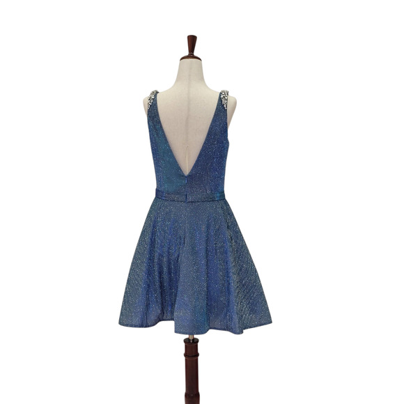 NWT Women's Short A Line Sparkle Gown with Deep V Neck and Jeweled Straps - Picture 3 of 7